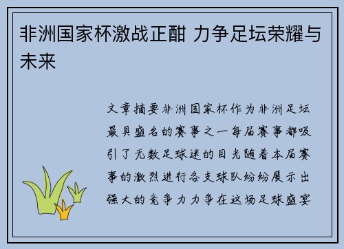 非洲国家杯激战正酣 力争足坛荣耀与未来